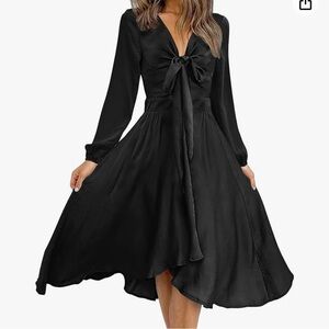 Women's Satin Deep V Neck Dresses Tie Front Flowy Ruffle A-Line Midi Dress